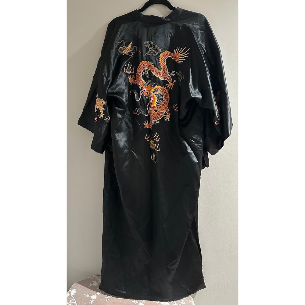 NWT Vintage 60s 70s Lotus Silk Kimono Robe Black Golden Dragon‎ Hand Embroidered